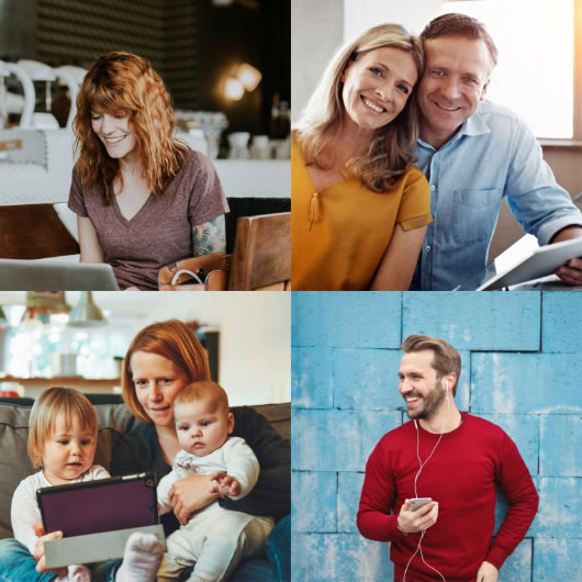 young woman, middle aged couple, young woman with two children, young man with ipod